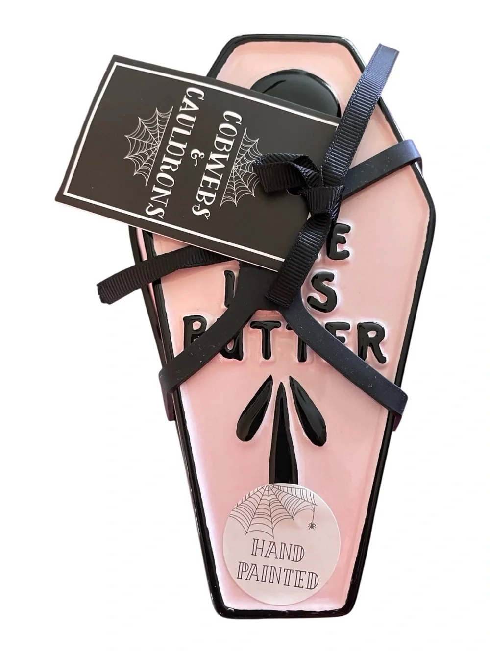 Cobwebs & Cauldrons Hand Painted “Here Lies Butter” Butter Dish Pink Black NWT